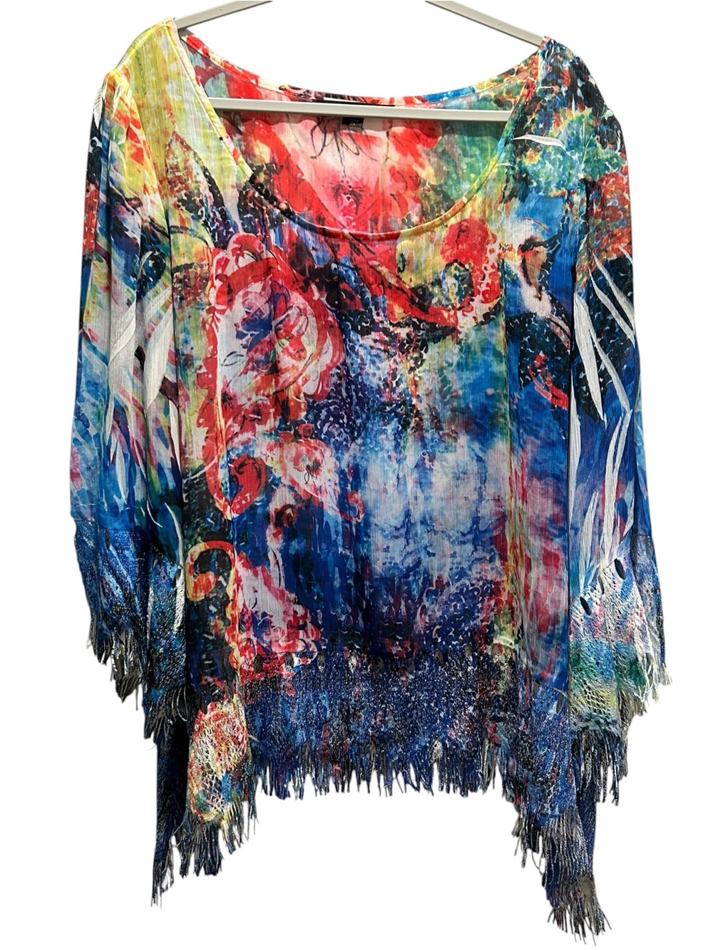 Mushka by Sienna Rose Sheer Art-to-Wear Tunic w/ Cutouts & Fringe - Size 3X